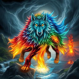 A majestic elemental Fenrir, a mythical wolf with a powerful and mystical appearance, embodying all four elements: earth, water, fire, and air