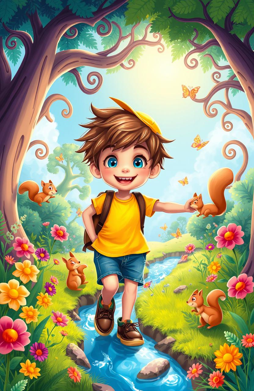 A vibrant and whimsical illustration of a character named Jasper, a joyful young boy with tousled brown hair and bright blue eyes, embarking on an adventurous journey through a colorful forest filled with oversized flowers, fantastical creatures like cheerful squirrels and friendly butterflies, and a sparkling stream running through the scene