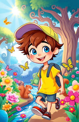 A vibrant and whimsical illustration of a character named Jasper, a joyful young boy with tousled brown hair and bright blue eyes, embarking on an adventurous journey through a colorful forest filled with oversized flowers, fantastical creatures like cheerful squirrels and friendly butterflies, and a sparkling stream running through the scene
