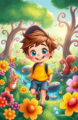 A vibrant and whimsical illustration of a character named Jasper, a joyful young boy with tousled brown hair and bright blue eyes, embarking on an adventurous journey through a colorful forest filled with oversized flowers, fantastical creatures like cheerful squirrels and friendly butterflies, and a sparkling stream running through the scene
