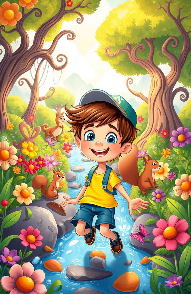 A vibrant and whimsical illustration of a character named Jasper, a joyful young boy with tousled brown hair and bright blue eyes, embarking on an adventurous journey through a colorful forest filled with oversized flowers, fantastical creatures like cheerful squirrels and friendly butterflies, and a sparkling stream running through the scene