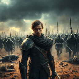 A dramatic scene showing Solaris standing on a battlefield, looking concerned and conflicted
