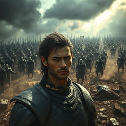A dramatic scene showing Solaris standing on a battlefield, looking concerned and conflicted