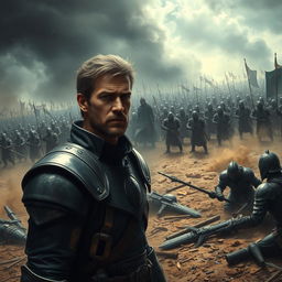 A dramatic scene showing Solaris standing on a battlefield, looking concerned and conflicted