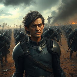 A dramatic scene showing Solaris standing on a battlefield, looking concerned and conflicted