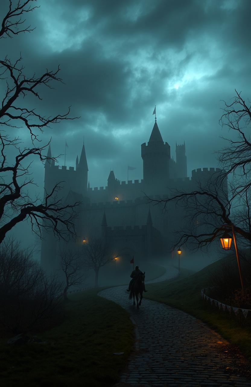 An English olden day realm shrouded in darkness, featuring ancient castles with towering spires and intricate stonework, cloaked in mist and illuminated by dim torchlight