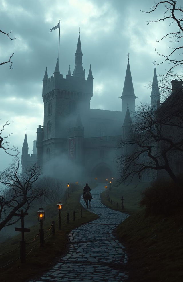 An English olden day realm shrouded in darkness, featuring ancient castles with towering spires and intricate stonework, cloaked in mist and illuminated by dim torchlight