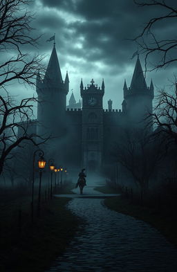 An English olden day realm shrouded in darkness, featuring ancient castles with towering spires and intricate stonework, cloaked in mist and illuminated by dim torchlight