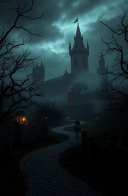 An English olden day realm shrouded in darkness, featuring ancient castles with towering spires and intricate stonework, cloaked in mist and illuminated by dim torchlight