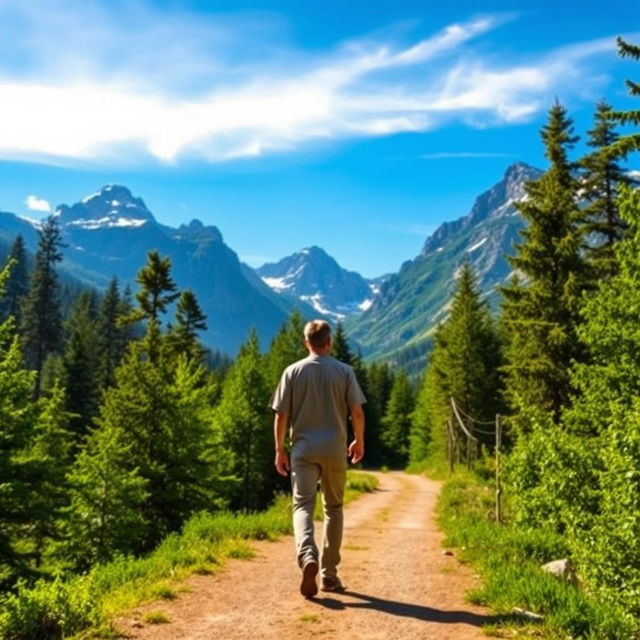 A man in a casual outfit, confidently walking towards majestic mountains with a vibrant blue sky in the background