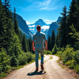 A man in a casual outfit, confidently walking towards majestic mountains with a vibrant blue sky in the background