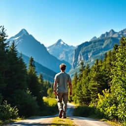 A man in a casual outfit, confidently walking towards majestic mountains with a vibrant blue sky in the background