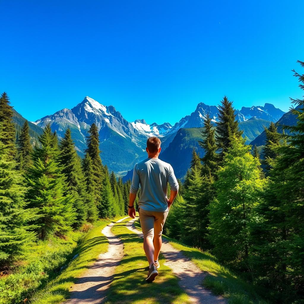 A man in a casual outfit, confidently walking towards majestic mountains with a vibrant blue sky in the background