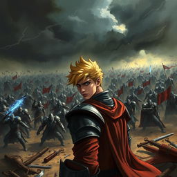 A tense moment depicting Solaris, a heroic character with a determined expression, in a battlefield filled with chaos