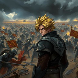 A tense moment depicting Solaris, a heroic character with a determined expression, in a battlefield filled with chaos
