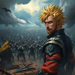 A tense moment depicting Solaris, a heroic character with a determined expression, in a battlefield filled with chaos