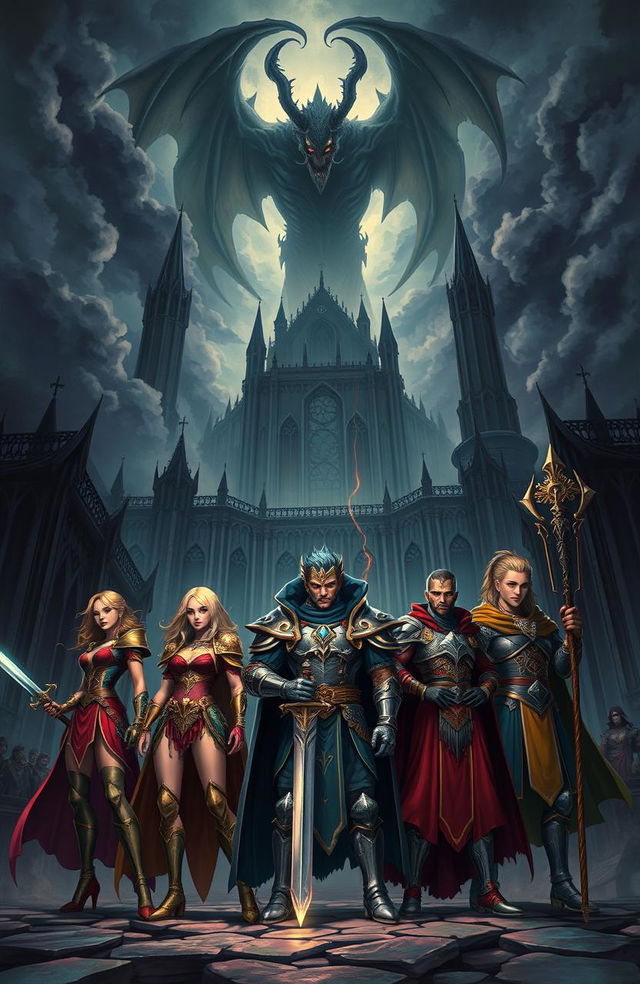 A dramatic fantasy scene depicting the capital city of Eridoria, engulfed in shadows and darkness due to the looming presence of a menacing demon king