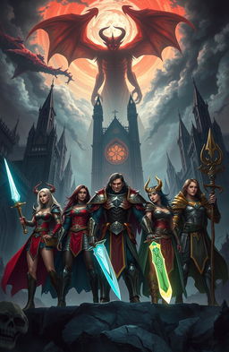 A dramatic fantasy scene depicting the capital city of Eridoria, engulfed in shadows and darkness due to the looming presence of a menacing demon king