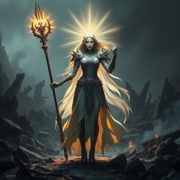In an illuminating moment, a striking figure emerges from the ruins, revealing Aurora, a warrior of peace with an ethereal presence