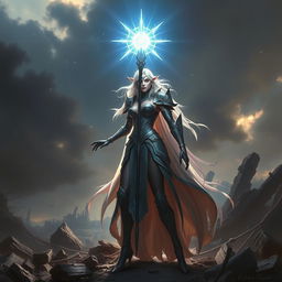 In an illuminating moment, a striking figure emerges from the ruins, revealing Aurora, a warrior of peace with an ethereal presence