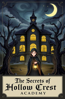 An illustrated book cover featuring a haunted school with an eerie atmosphere, dark clouds swirling above, and glowing windows that reveal shadowy figures inside