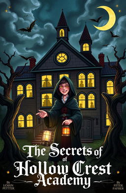 An illustrated book cover featuring a haunted school with an eerie atmosphere, dark clouds swirling above, and glowing windows that reveal shadowy figures inside