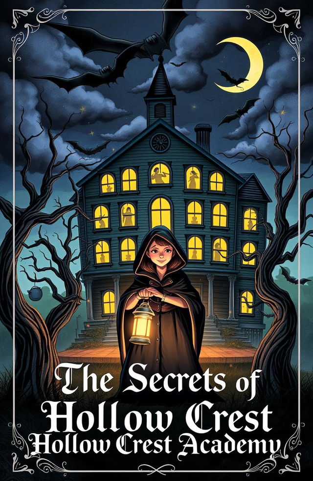 An illustrated book cover featuring a haunted school with an eerie atmosphere, dark clouds swirling above, and glowing windows that reveal shadowy figures inside