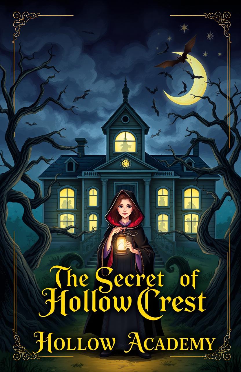 An illustrated book cover featuring a haunted school with an eerie atmosphere, dark clouds swirling above, and glowing windows that reveal shadowy figures inside