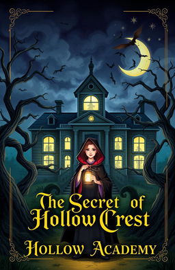 An illustrated book cover featuring a haunted school with an eerie atmosphere, dark clouds swirling above, and glowing windows that reveal shadowy figures inside