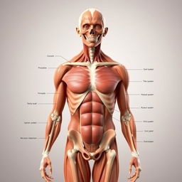 A detailed and anatomically accurate representation of the human body, showcasing the muscular system, skeletal structure, and organ systems