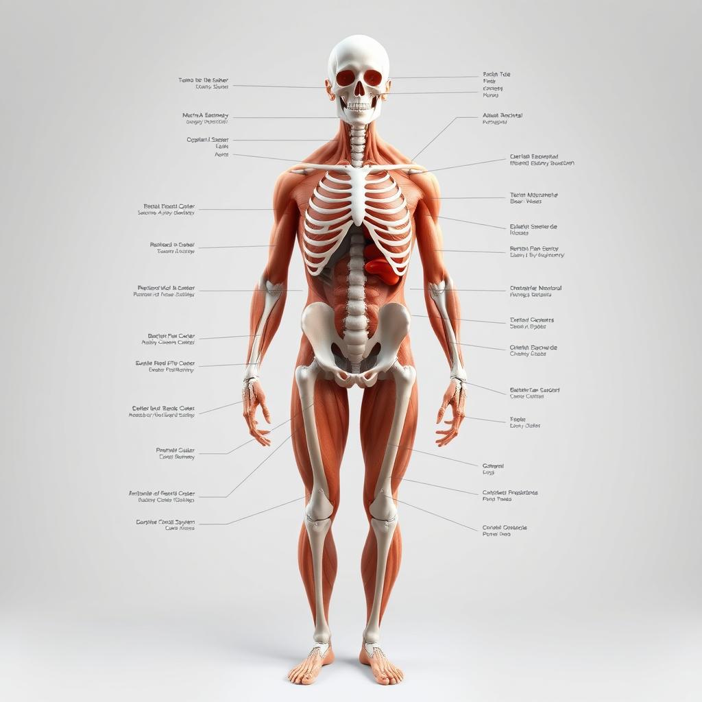 A detailed and anatomically accurate representation of the human body, showcasing the muscular system, skeletal structure, and organ systems