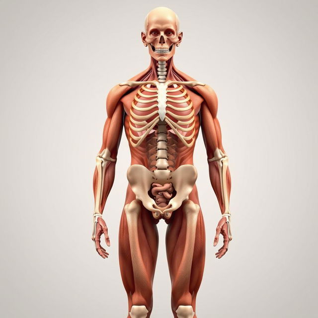 A detailed and anatomically accurate representation of the human body, showcasing the muscular system, skeletal structure, and organ systems