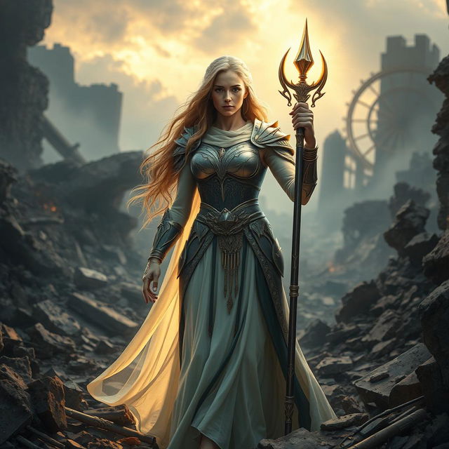 In a dramatic scene amidst the crumbling ruins, Aurora, a serene and powerful warrior, emerges with an aura of balance