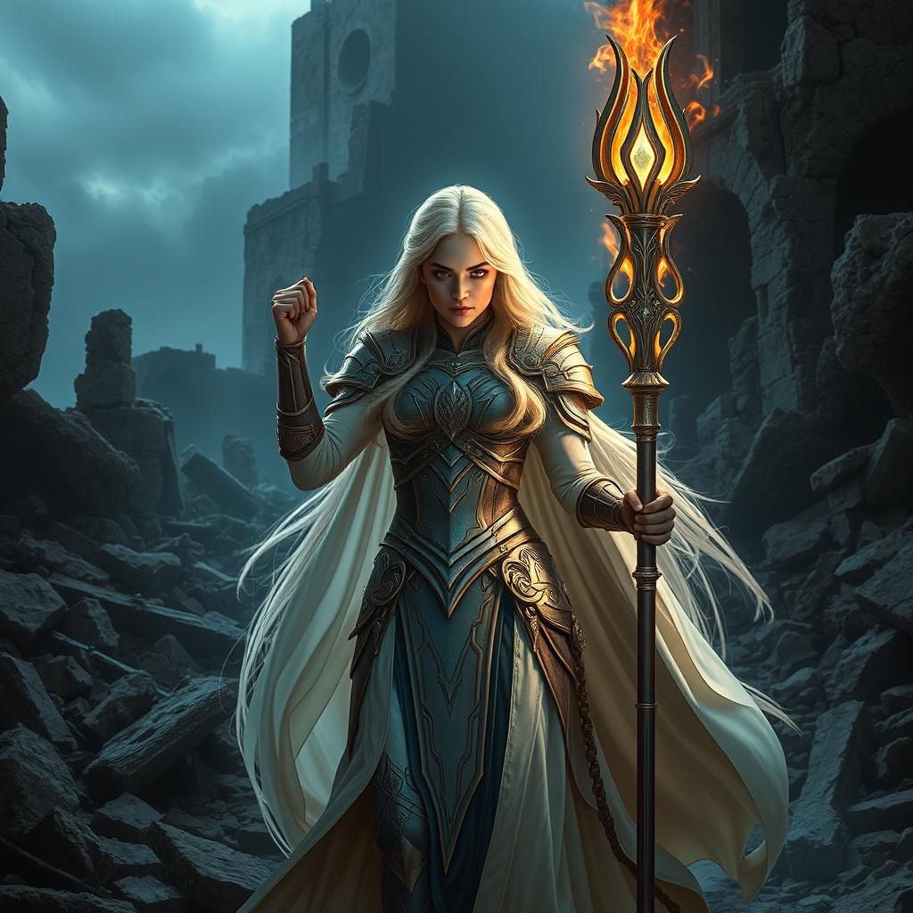 In a dramatic scene amidst the crumbling ruins, Aurora, a serene and powerful warrior, emerges with an aura of balance