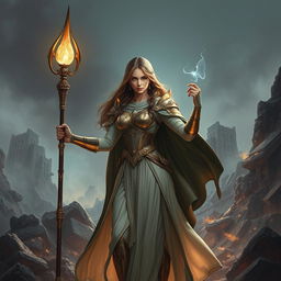 In a dramatic scene amidst the crumbling ruins, Aurora, a serene and powerful warrior, emerges with an aura of balance