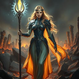 In a dramatic scene amidst the crumbling ruins, Aurora, a serene and powerful warrior, emerges with an aura of balance