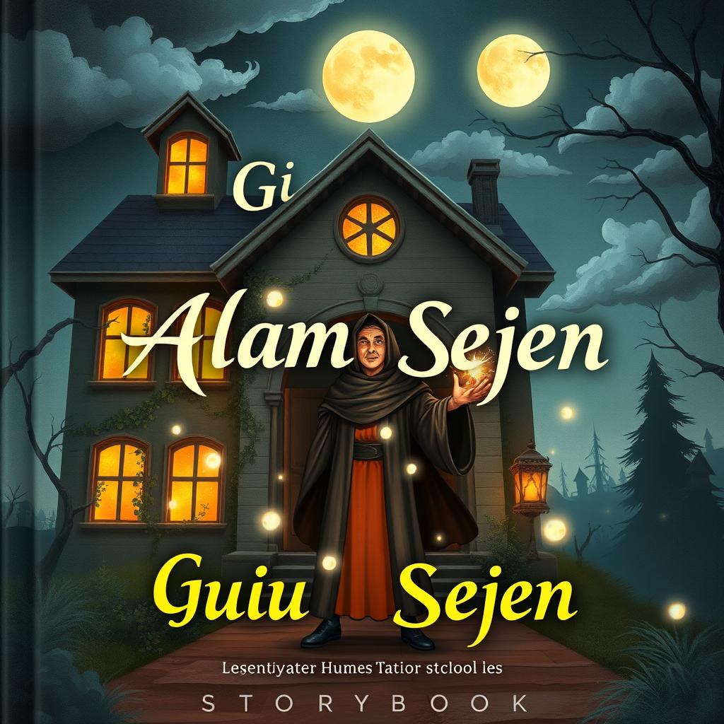 An illustrated book cover for a storybook titled 'GURU TI ALAM SEJEN', featuring a haunted school with an atmosphere of mystery and enchantment