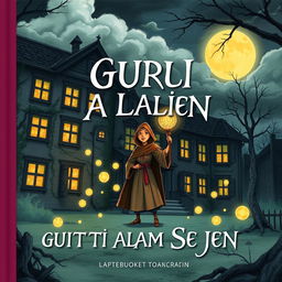 An illustrated book cover for a storybook titled 'GURU TI ALAM SEJEN', featuring a haunted school with an atmosphere of mystery and enchantment