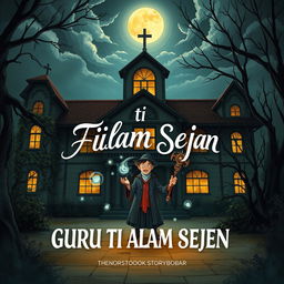 An illustrated book cover for a storybook titled 'GURU TI ALAM SEJEN', featuring a haunted school with an atmosphere of mystery and enchantment