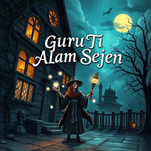 An illustrated book cover for a storybook titled 'GURU TI ALAM SEJEN', featuring a haunted school with an atmosphere of mystery and enchantment