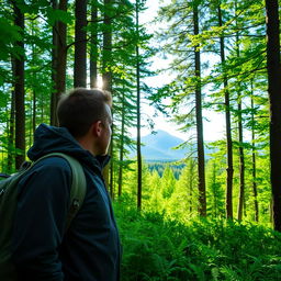 A male guide standing in a lush green forest of the Arkhangelsk region in Russia, with tall trees and vibrant foliage surrounding him