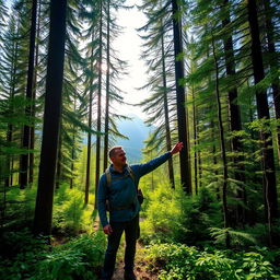 A male guide standing in a lush green forest of the Arkhangelsk region in Russia, with tall trees and vibrant foliage surrounding him