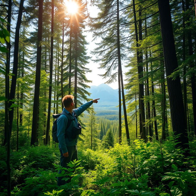 A male guide standing in a lush green forest of the Arkhangelsk region in Russia, with tall trees and vibrant foliage surrounding him