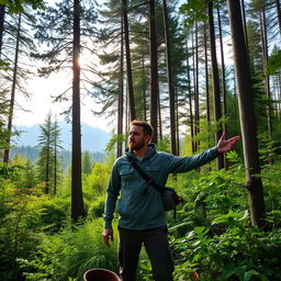 A male guide standing in a lush green forest of the Arkhangelsk region in Russia, with tall trees and vibrant foliage surrounding him