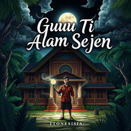 An illustrated book cover for a storybook titled 'GURU TI ALAM SEJEN', depicting a haunted school set in Indonesia