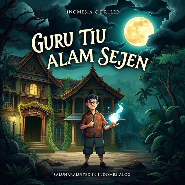 An illustrated book cover for a storybook titled 'GURU TI ALAM SEJEN', depicting a haunted school set in Indonesia