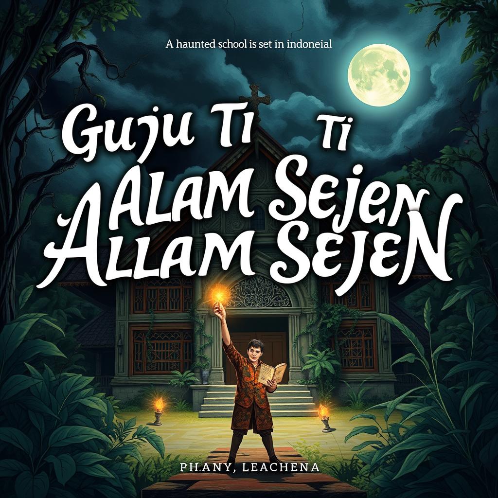 An illustrated book cover for a storybook titled 'GURU TI ALAM SEJEN', depicting a haunted school set in Indonesia