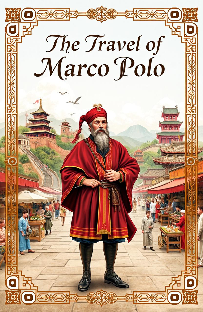 A detailed and visually captivating book cover design that centers around the travels of Marco Polo