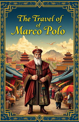 A detailed and visually captivating book cover design that centers around the travels of Marco Polo