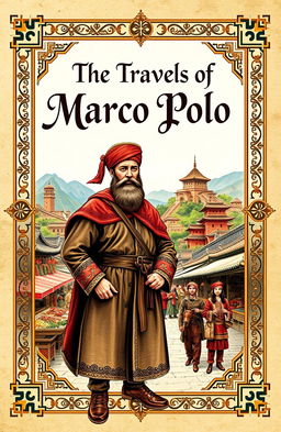 A detailed and visually captivating book cover design that centers around the travels of Marco Polo
